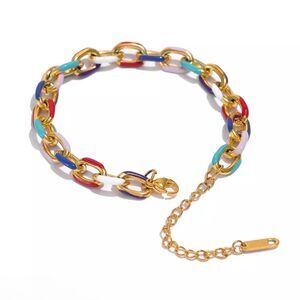 New Colorful Rainbow Enamel Chain Link Bracelet 7”+3” extension